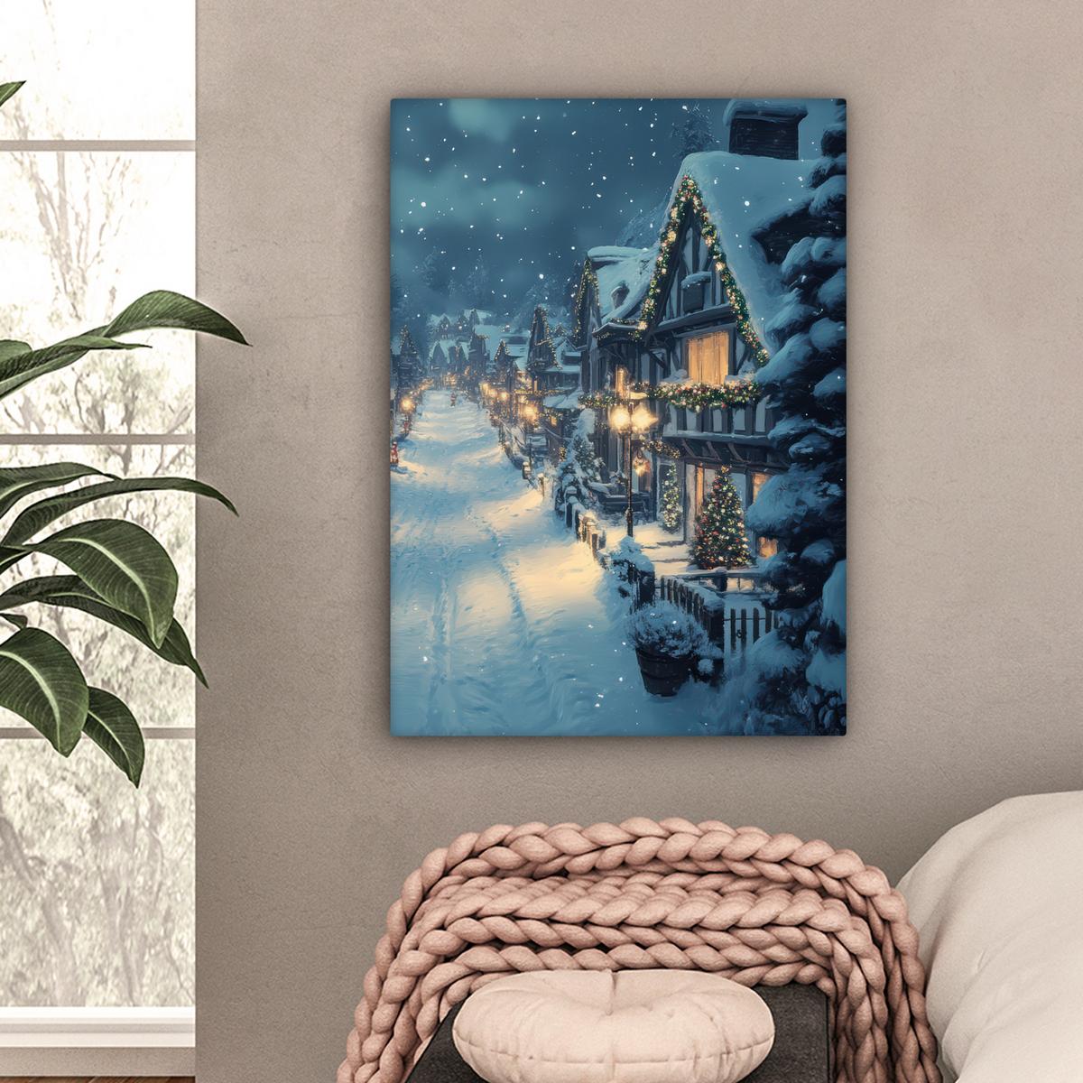 LEINWANDBILD Weihnachtsdorf - Weihnachten - Schnee - Winter Wandbild Wohnzimmer 60x80 cm - Dunkelblau, Textil (60/80cm) - MuchoWow