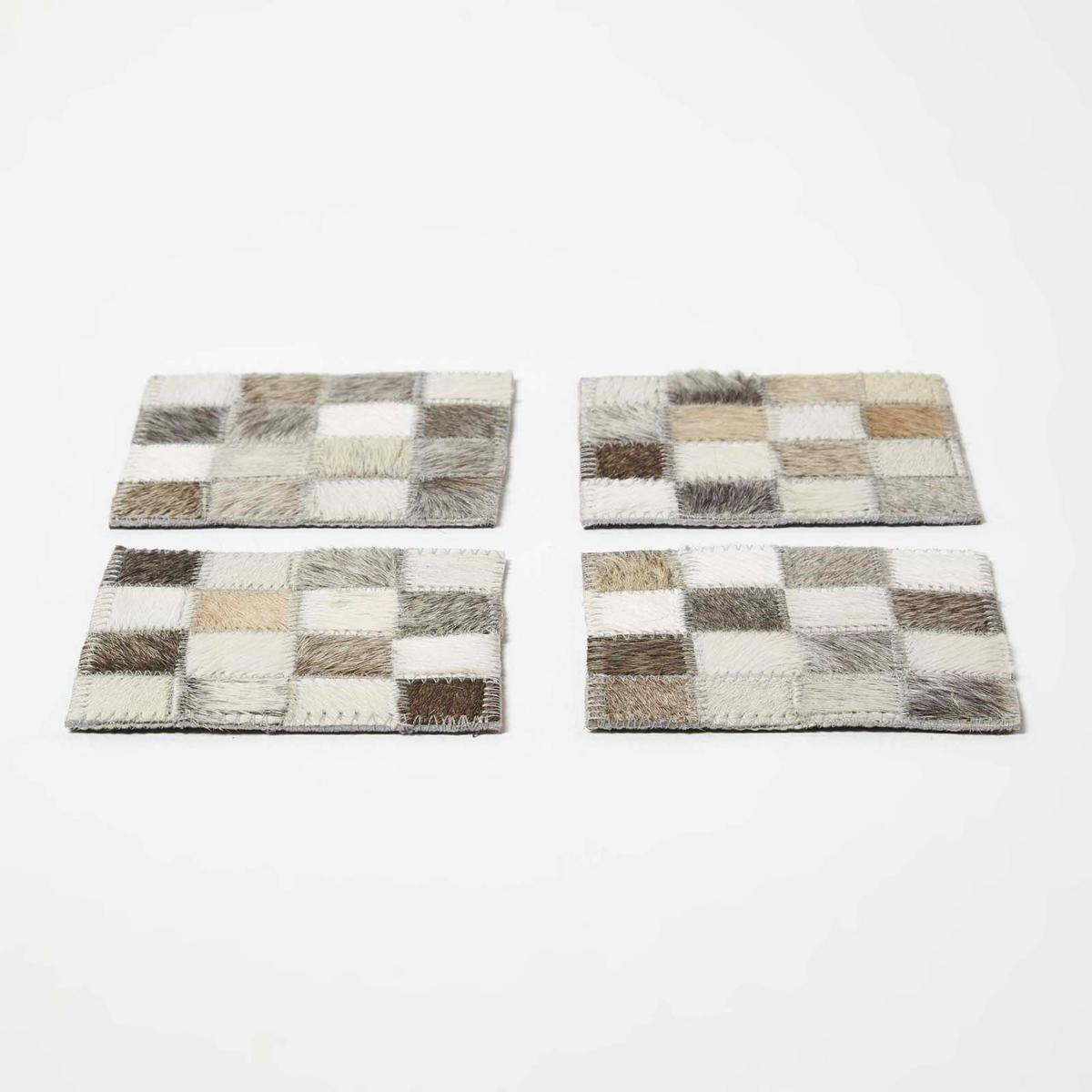 UNTERSETZER grau, 4er-Set mit Patchwork-Karo, Fell & Leder, 10/10 cm - Multicolor, Leder (10/10cm) - Homescapes