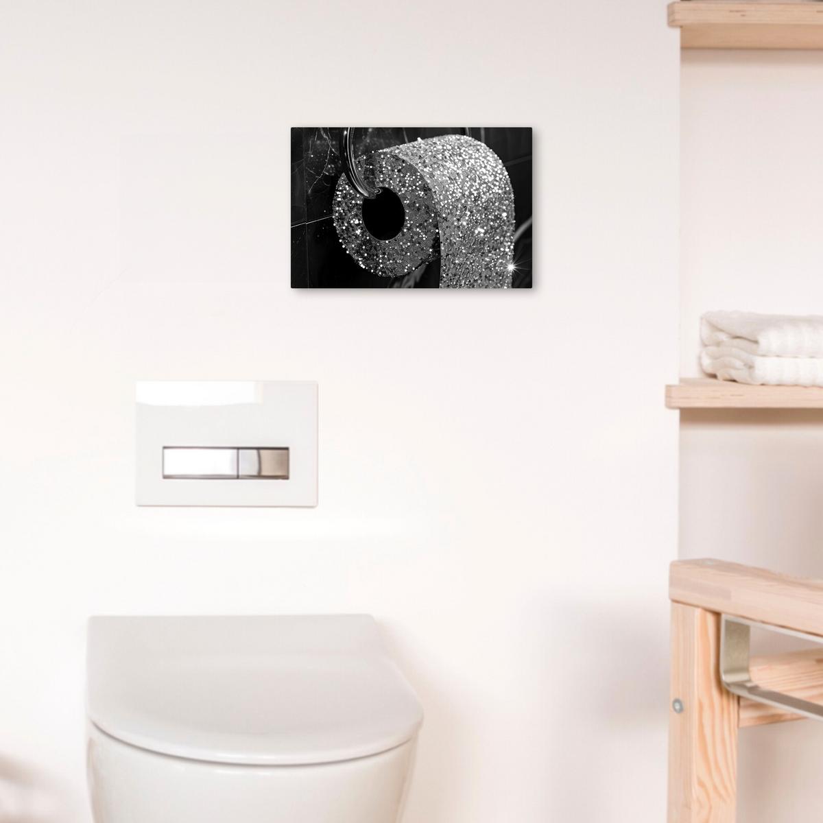 LEINWANDBILD WC - Toilettenpapier - Schwarz und weiß - Glitter Deko Schlafzimmer 30x20 cm - Silberfarben, Textil (30/20cm) - MuchoWow