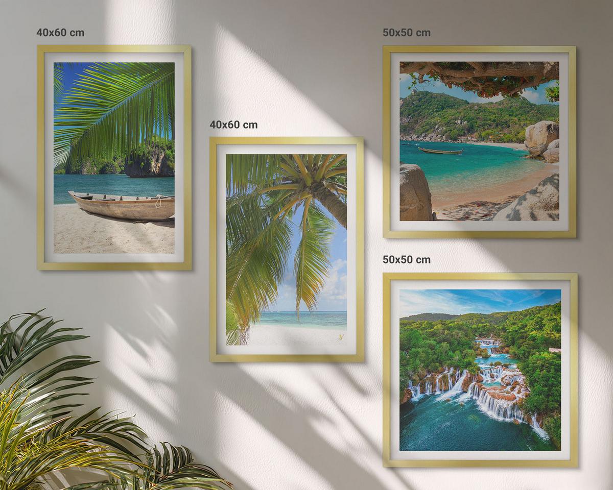 BILDER SET 4er Set - 50x50 cm & 40x60 cm Goldrahmen - Strand, Boot, Wasserfälle, Palmen - Goldfarben, Kunststoff (50/50cm) - TULUP