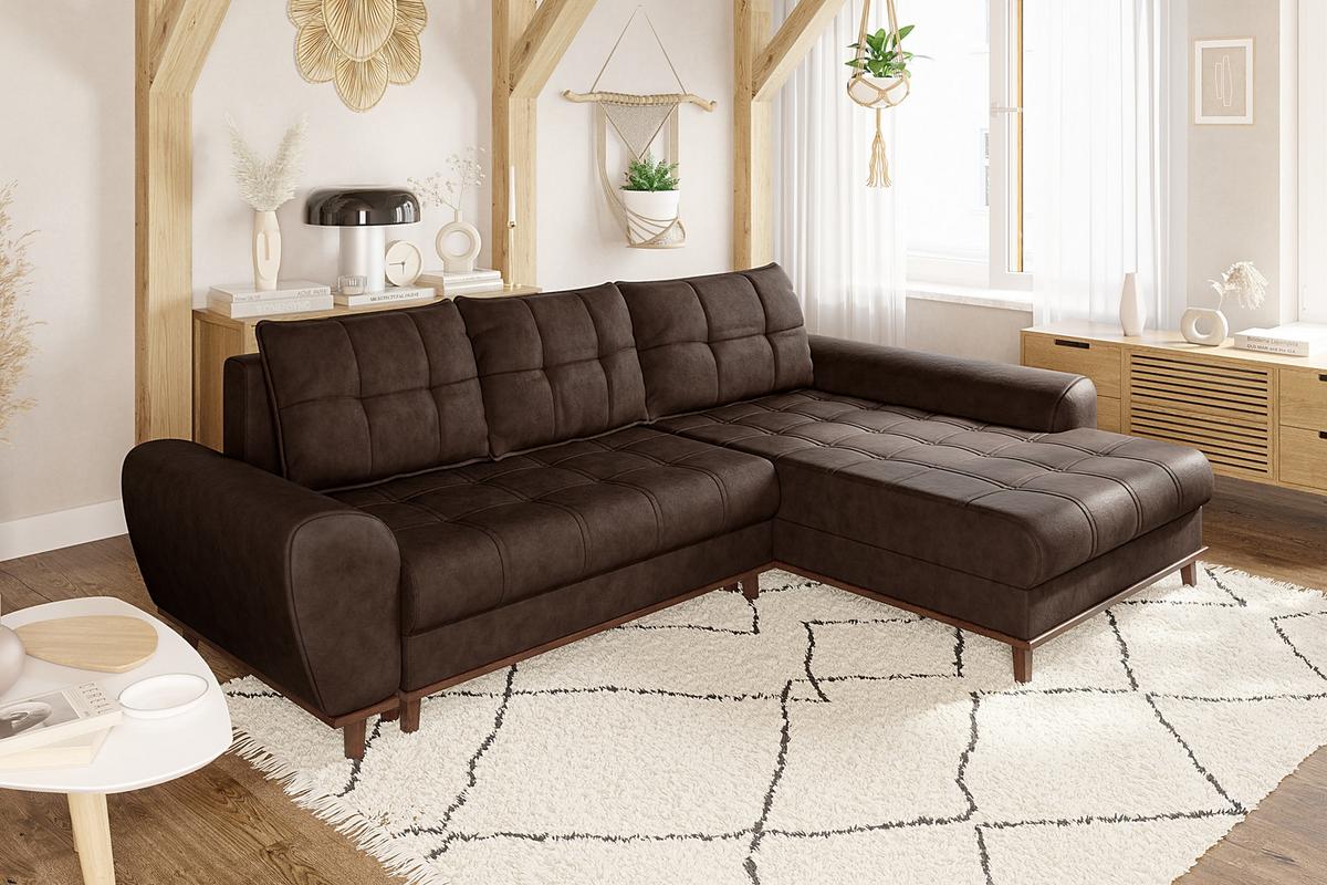 ECKSOFA im Scandi-Stil, Schlaffunktion, Bettkasten B268/T175/H86 cm, Ottomane rechts, Liegefl. 128x209 cm, Mikrofaserstoff in Vintage Braun / 21017 - Wildeiche/Eiche Bianco, Holz/Textil (268/175cm) - luma-home