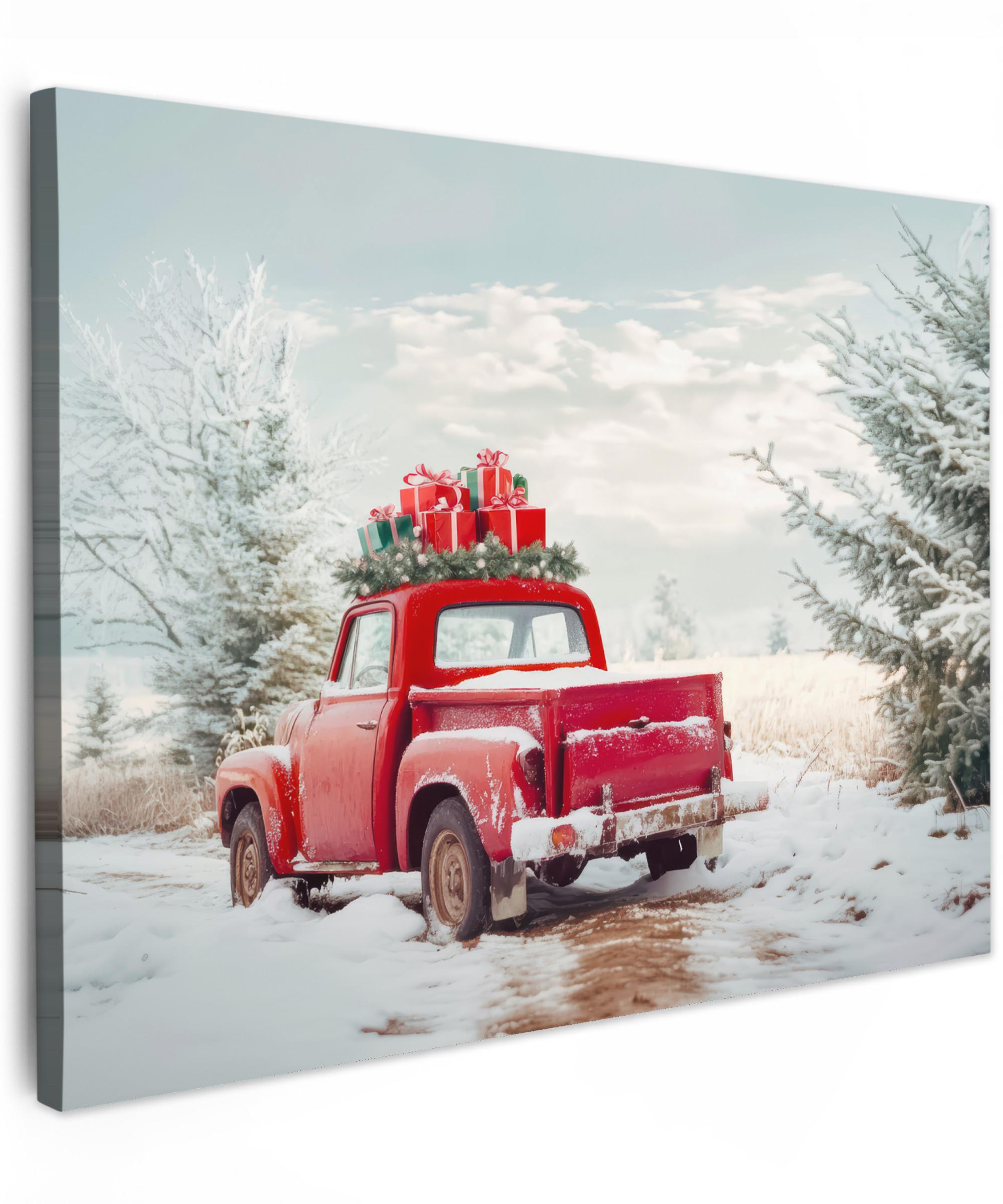 LEINWANDBILD Auto - Rot - Geschenke - Winter - Schnee - Weihnachten Wandbilder 80x60 cm - Rot, Textil (80/60cm) - MuchoWow