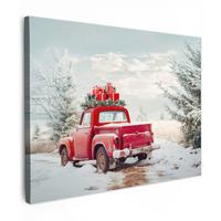 LEINWANDBILD Auto - Rot - Geschenke - Winter - Schnee - Weihnachten Wandbilder 80x60 cm - Rot, Textil (80/60cm) - MuchoWow