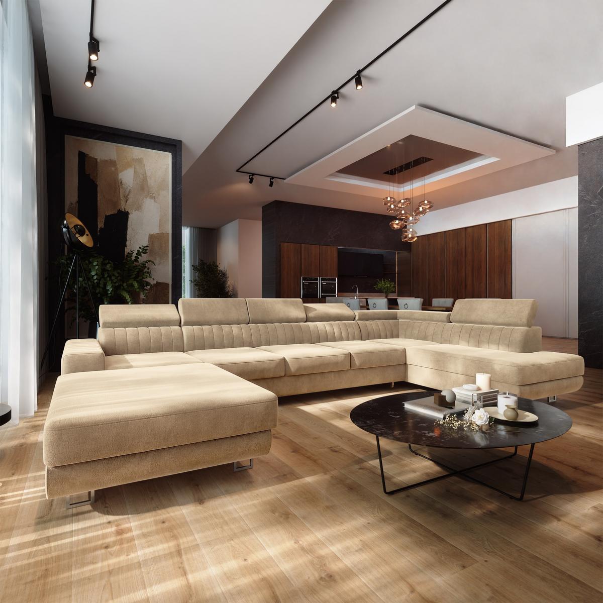 WOHNLANDSCHAFT GAIAN Creme Velours-Stoff mit Schlaffunktion - Creme, Holz (412/88/190cm) - MASSENO