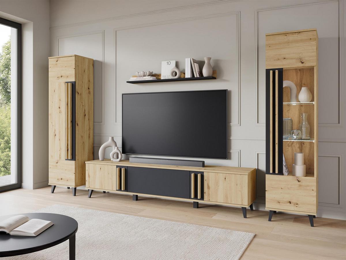 WOHNWAND Helsinki II mit weißer LED Beleuchtung - Schwarz/Graphitfarben, Holzwerkstoff/Kunststoff (180/70/33cm) - MIRJAN24