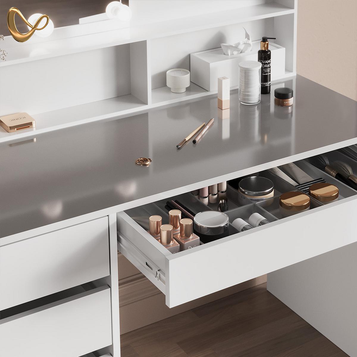 SCHMINKTISCH Imola Weiß 145 cm mit Hocker - Weiß, Holzwerkstoff (145/75/55cm) - Livinity®