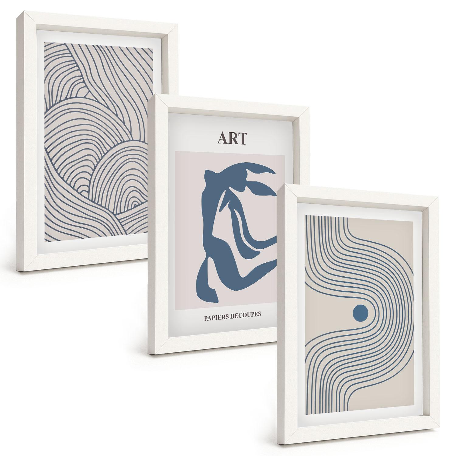 BILDER SET 3er Set - 20x30 cm Weißer Rahmen - Abstrakte blaue Linien - Weiß, Kunststoff (20/30cm) - TULUP