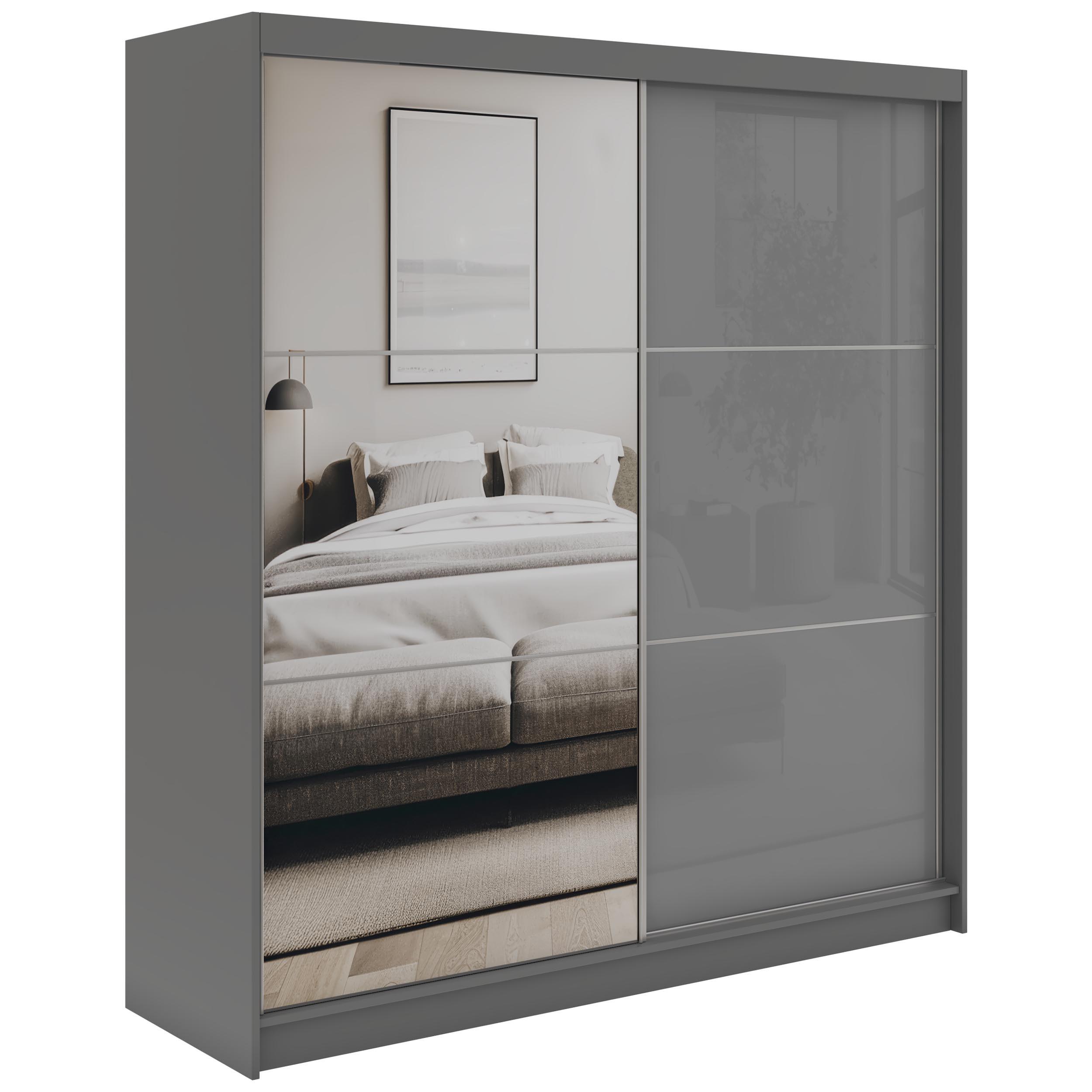 SCHWEBETÜRENSCHRANK mit Spiegel und Schubladen - WALENCJA - 200 - Grau lacobel - Alufarben/Grau, Holzwerkstoff/Metall (200/216/61cm) - MKS