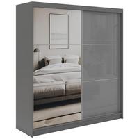 SCHWEBETÜRENSCHRANK mit Spiegel und Schubladen - WALENCJA - 200 - Grau lacobel - Alufarben/Grau, Holzwerkstoff/Metall (200/216/61cm) - MKS