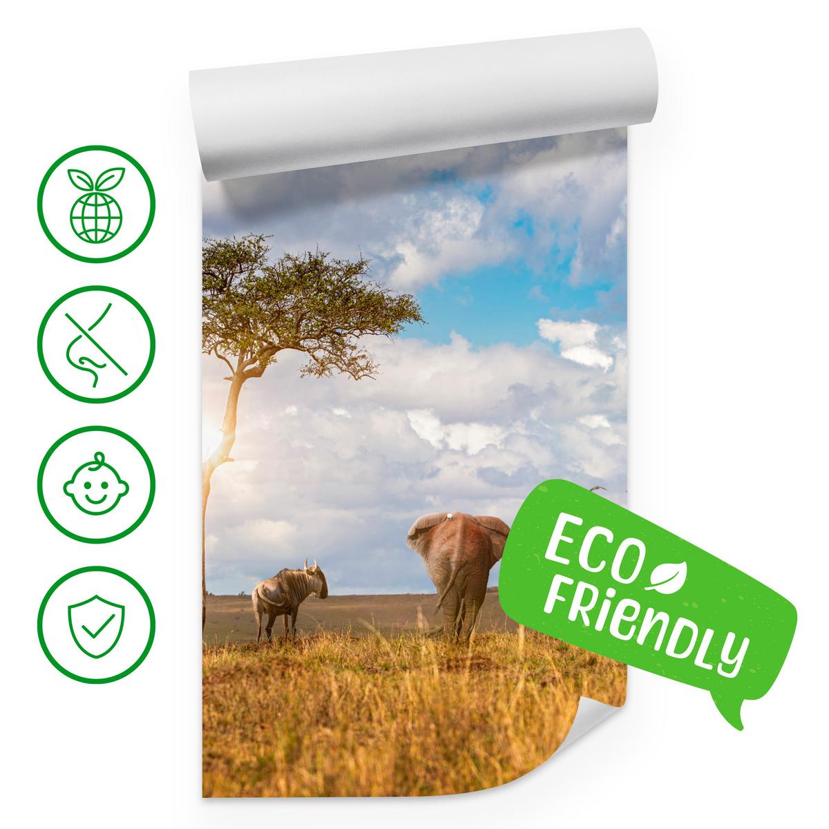 FOTOTAPETE für Kinderzimmer Safari Tiere Elefant Giraffe Löwe 200x140 - Beige/Braun, Papier (200/140cm) - Muralo