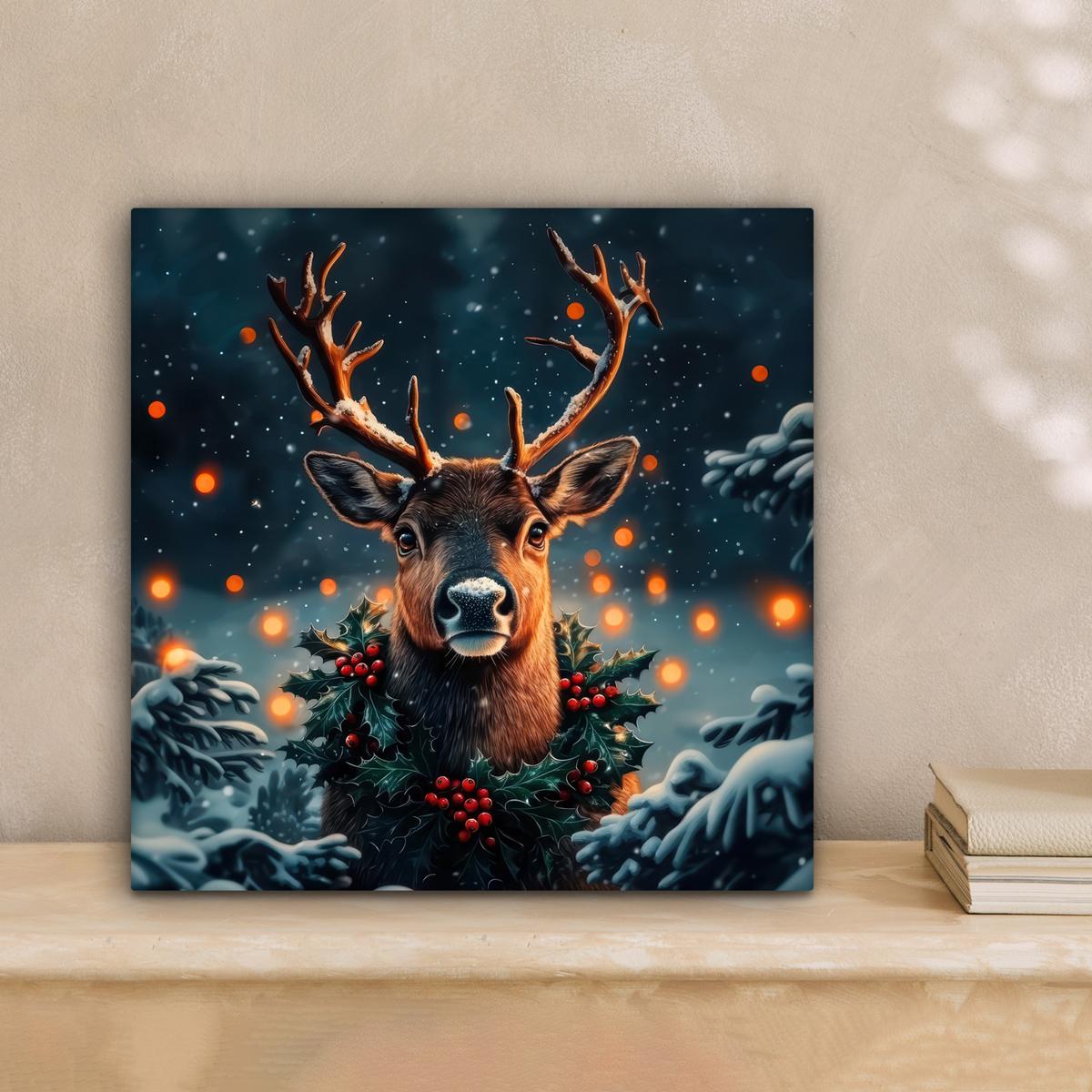 LEINWANDBILD Hirsch - Weihnachten - Winter - Schnee - Weihnachtskranz Deko Wohnzimmer 20x20 cm - Dunkelbraun, Textil (20/20cm) - MuchoWow