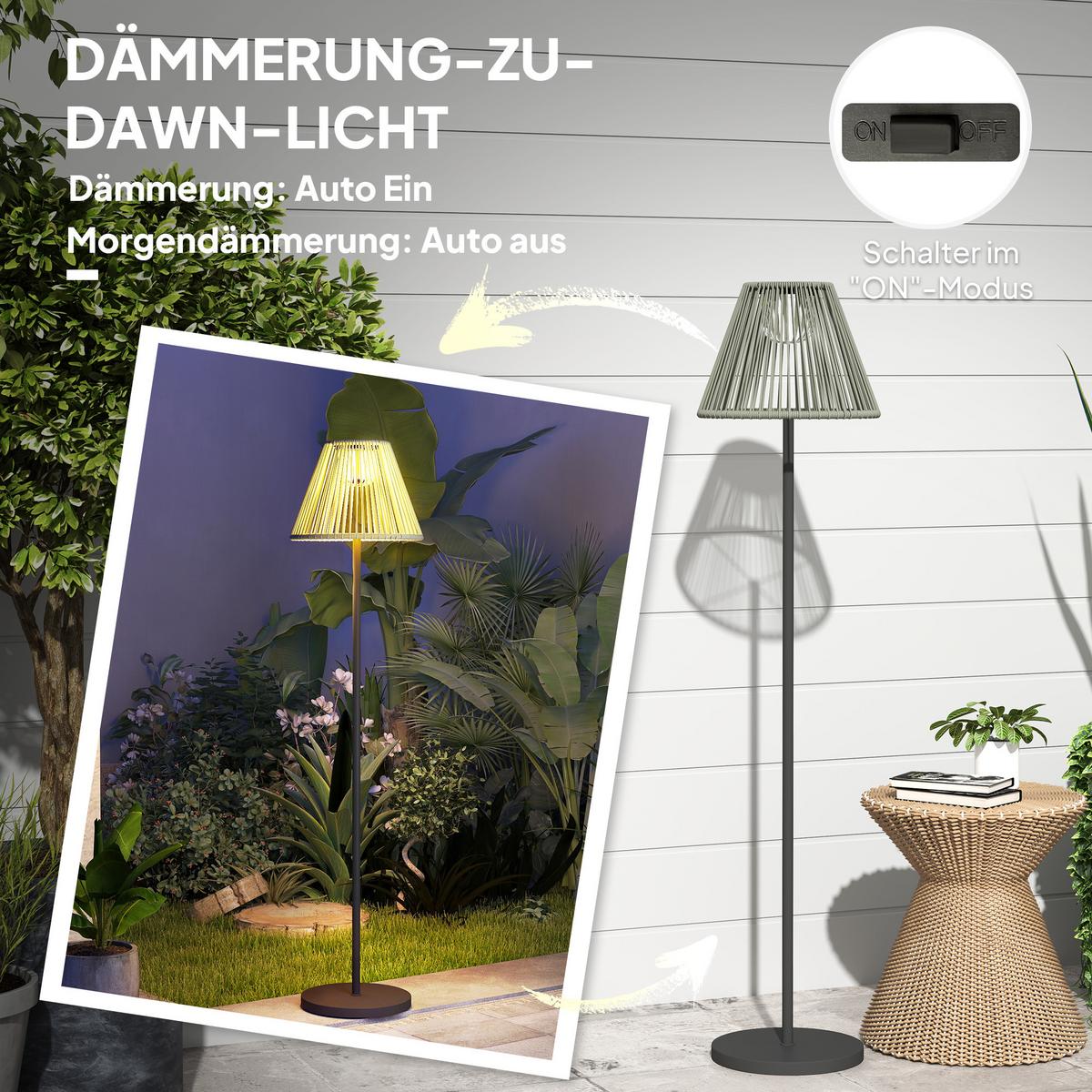 STEHLAMPE aus Rattan, Solarlampen mit Lichtsensor 25 LED-Lichte IP44 - Grau, Metall (33/33/135cm) - Outsunny