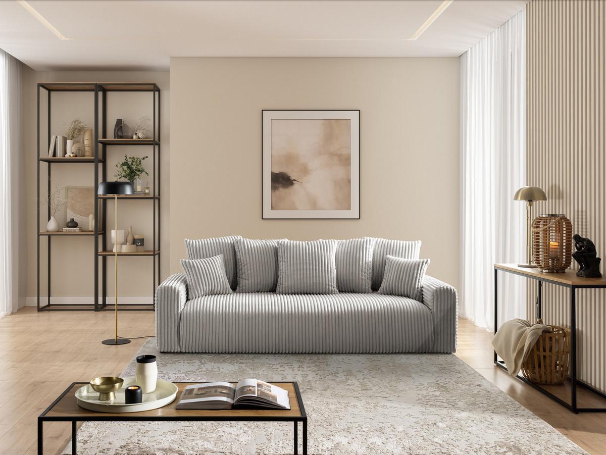 SCHLAFSOFA Calma mit Bettkasten im Bumpy-Design aus weichem Taupe Plüschcord - Taupe/Schwarz, Holz/Kunststoff (239/88/98cm) - S-Style