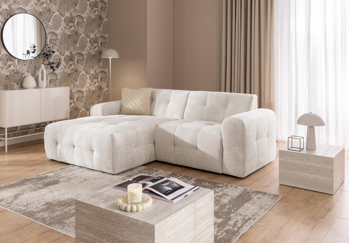 ECKSOFA mit Ottomane links, raffinierten Steppungen, Wellenunterfederung, B234/T161/H79 cm, Chenille-Bezug in Beige / 21036 - Beige/Schwarz, Kunststoff/Textil (234/79/161cm) - luma-home