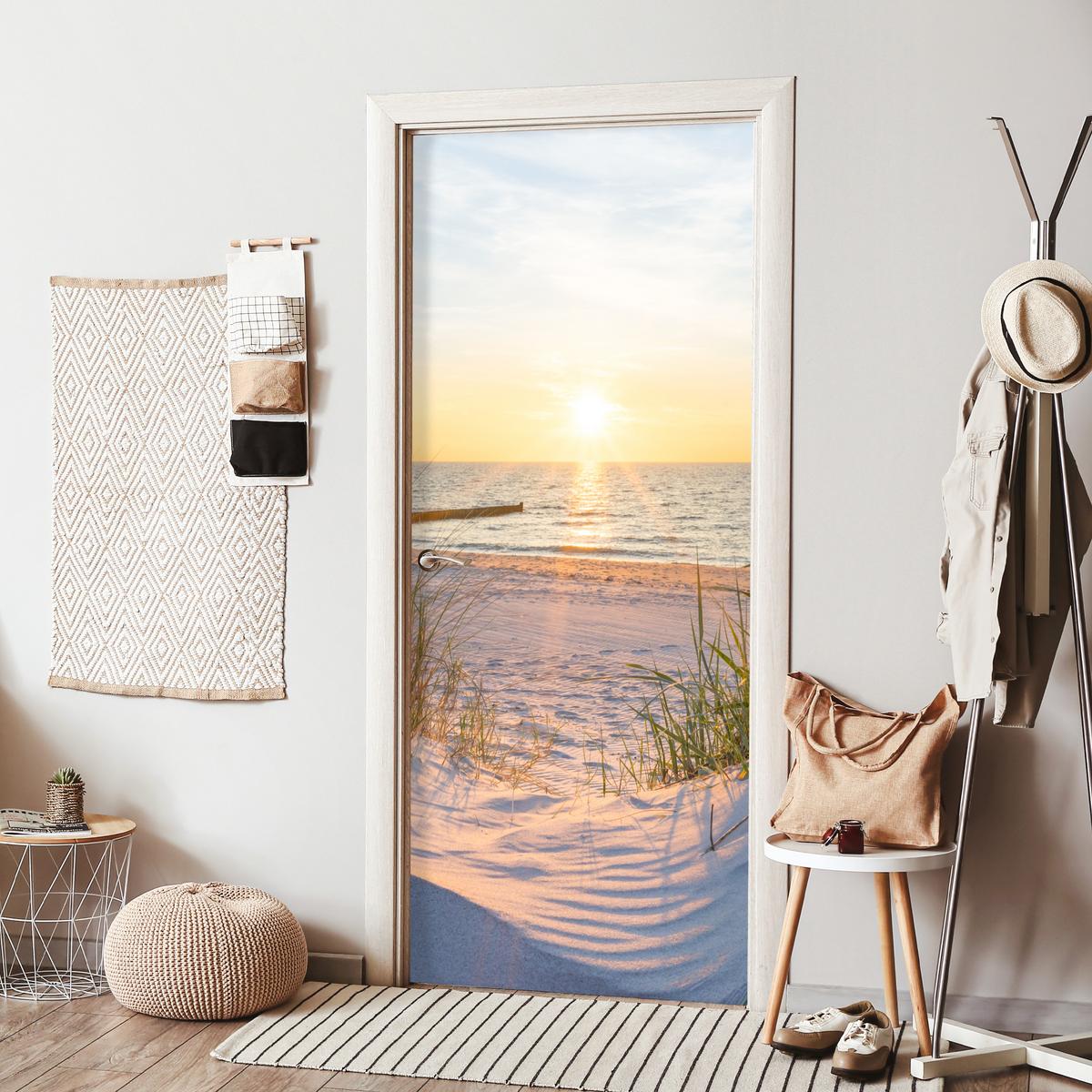 TÜRAUFKLEBER Strand - Sonne - Düne - Gras - Sand - Horizont 90x215 cm - Türtapete - Dunkelgelb, Kunststoff (90/0.1cm) - MuchoWow