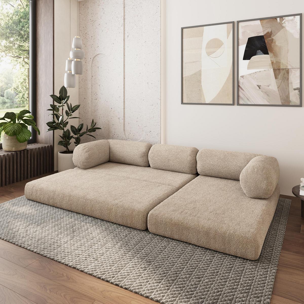 ECKSOFA KELI modulares Boneless Sofa mit Schlaffunktion Beige Boucle-Stoff - Beige, Textil (270/160cm) - MASSENO