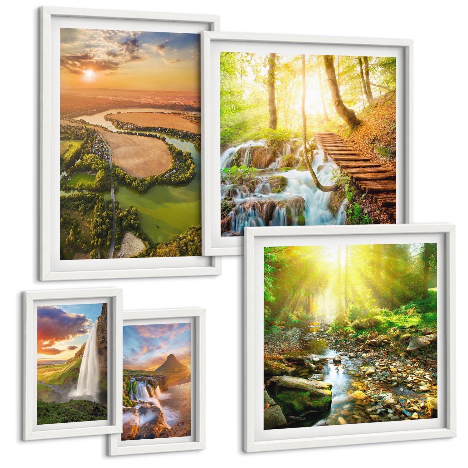 BILDER SET 5er Set - 50x50 cm & 20x30 cm & 40x60 cm Weißer Rahmen - Orange Mountain Wasserfall - Weiß, Kunststoff (40/60cm) - TULUP