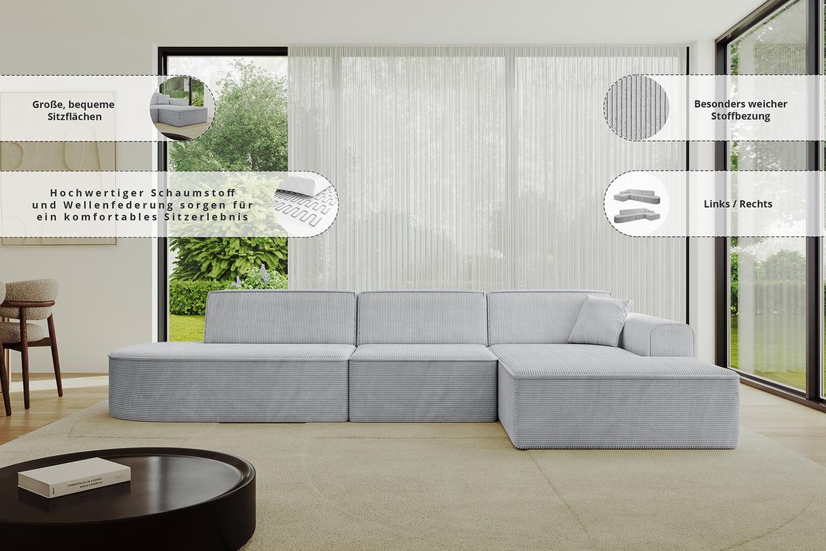 ECKSOFA Ottomane Rechts IREA-L2-v4 - 327x165x77 cm Grün - Platinfarben, Holzwerkstoff/Textil (327/165cm) - ALTDECOR