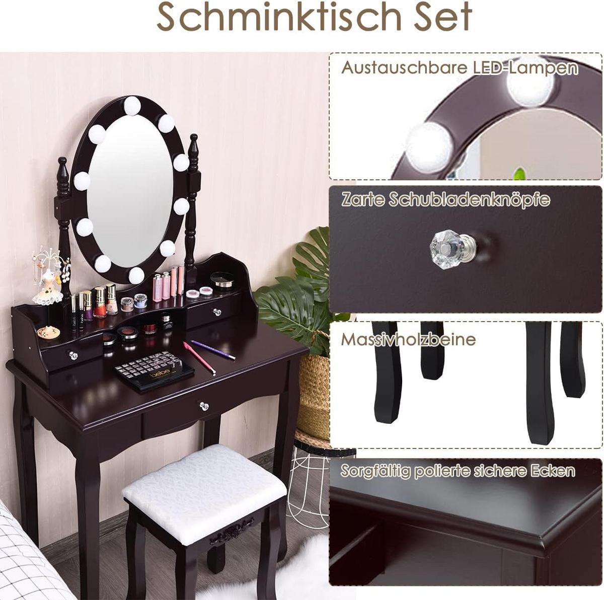 SCHMINKTISCH mit Hocker Weiß - Braun, Holz (70/144/40cm) - COSTWAY