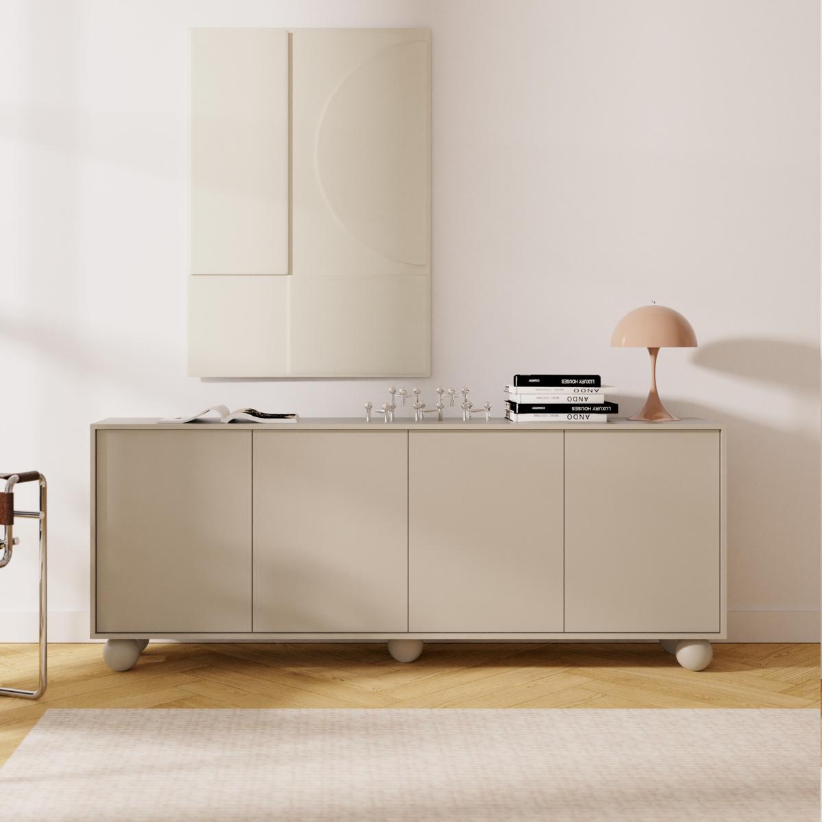 KOMMODE Adel mit 4 Türen und runden Füßen, 204 cm, Griffloss, Kaschmir - Kaschmir, Holzwerkstoff (204/81/38cm) - Beautysofa