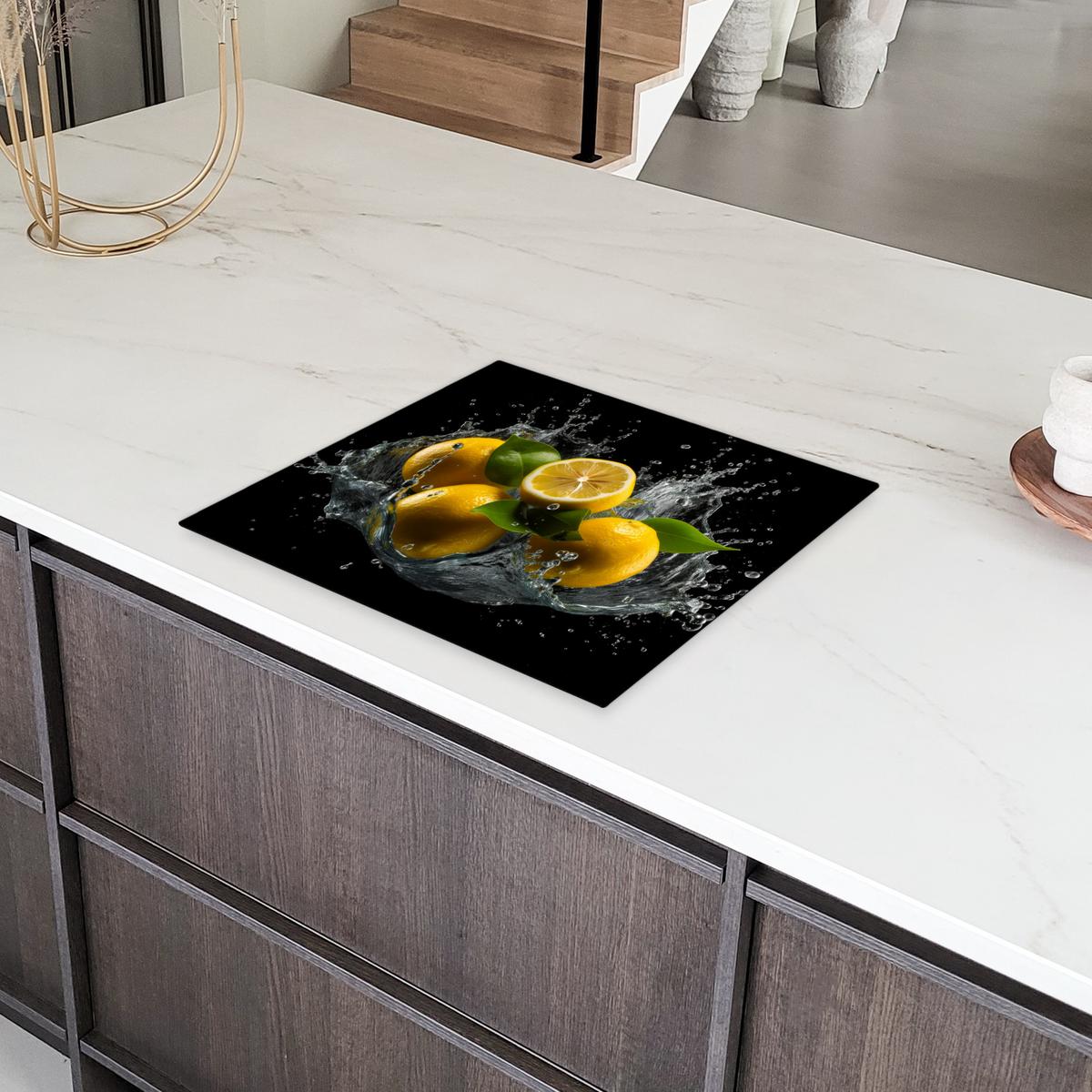 HERDABDECKPLATTE Zitrone - Obst - Gelb - Schwarz Abdeckung Ceranfeld 59x51 cm - Gelb, Kunststoff (59/51/0.2cm) - MuchoWow