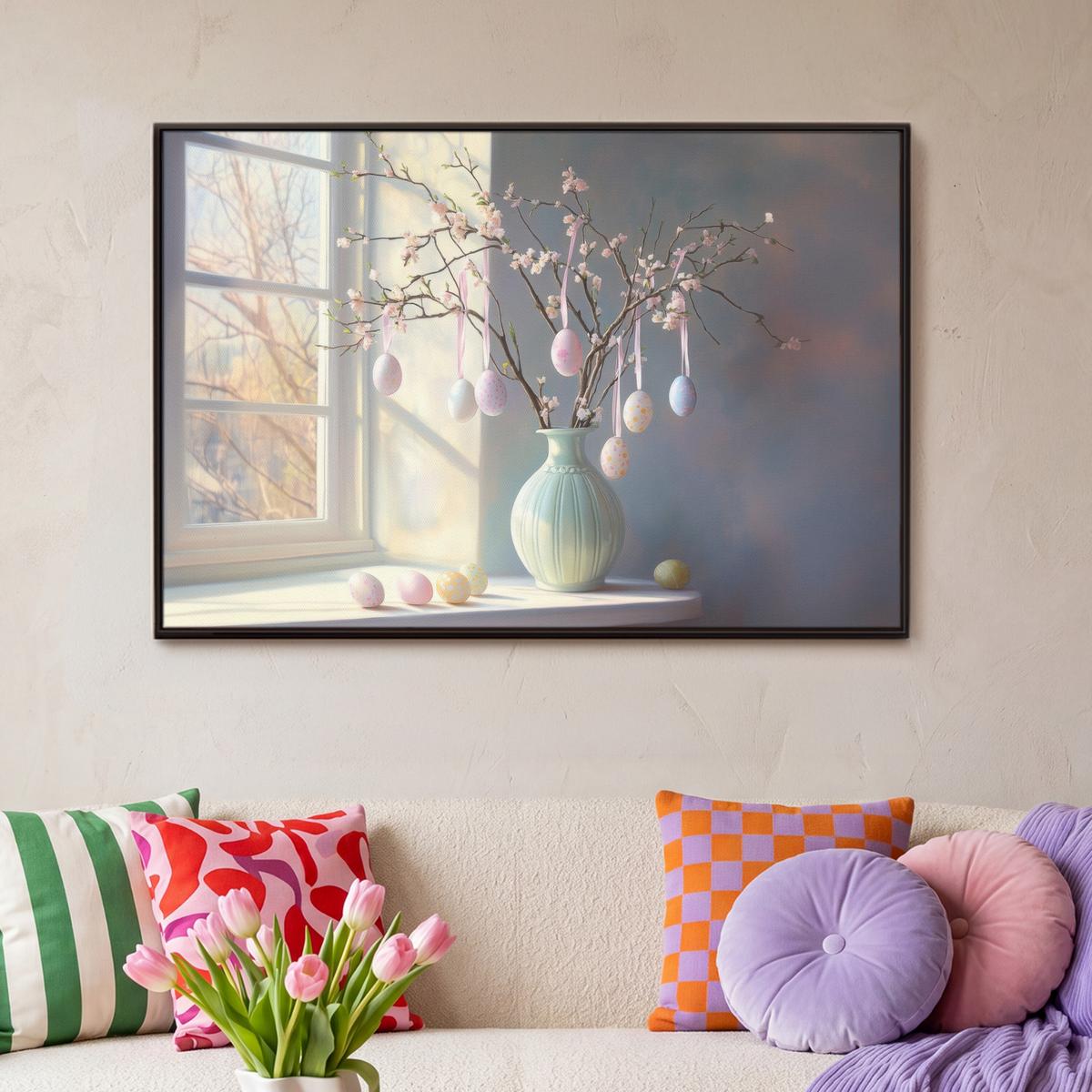 LEINWAND Bilder mit Rahmen - Stillleben - Vase - Osterzweig - 90x60 - Hellblau, Textil (90/60cm) - MuchoWow