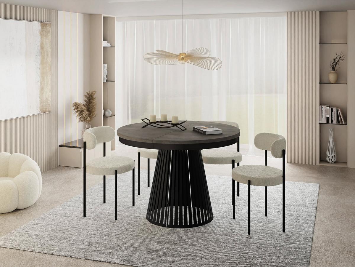 ESSTISCH Naro rund ausziehbar mit Schwarzem Lamellen-Metallgestell, Beton-Optik Dunkelgrau 120-200/120/76 cm - Dunkelgrau/Schwarz, Holzwerkstoff/Metall (120/196/76cm) - WFL GROUP