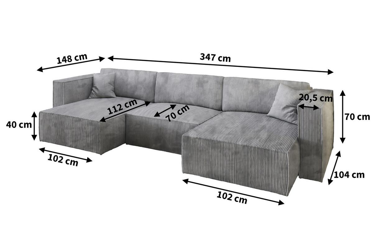 WOHNLANDSCHAFT SARMO P Gelb Kordstoff mit Schlaffunktion - Gelb/Grau, Holz/Kunststoff (347/70/148cm) - MASSENO