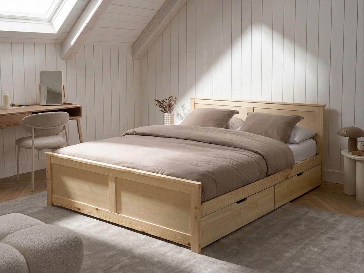 BETT mit 2 Schubladen 160/200 cm Kiefernholz Hellbraun Dauphin - Hellbraun, Holz (160/200cm) - Beliani