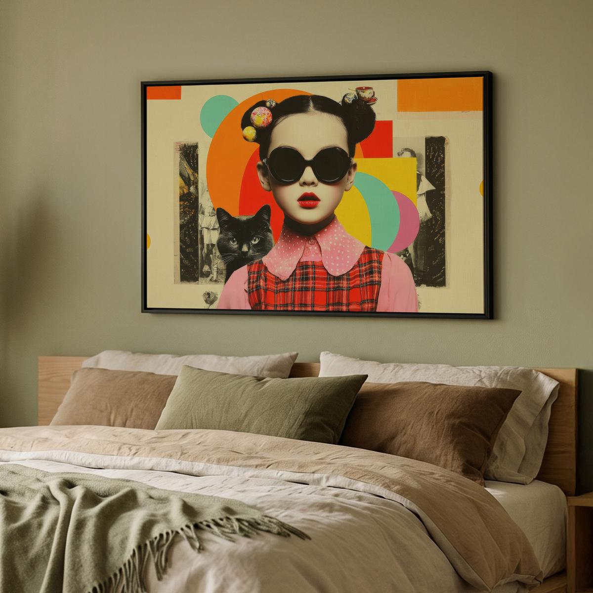 LEINWAND Bilder mit Rahmen - Mädchen - Sonnenbrille - Katze - Retro - 90x60 - Beige, Textil (90/60cm) - MuchoWow