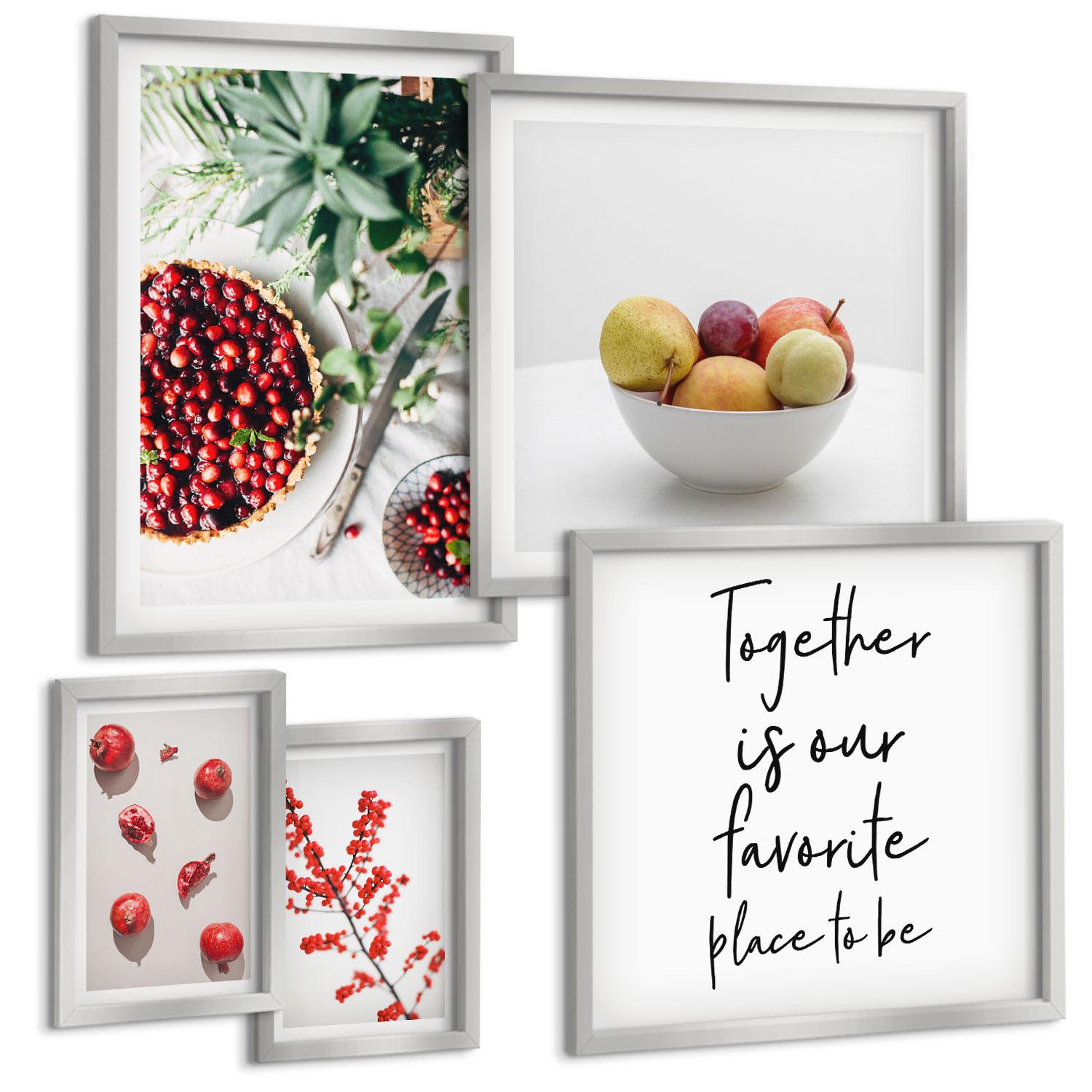BILDER SET 5er Set - 50x50 cm & 20x30 cm & 40x60 cm Silberner Rahmen - Minimalismus der roten Früchte von Pflanzen - Silberfarben, Kunststoff (40/60cm) - TULUP
