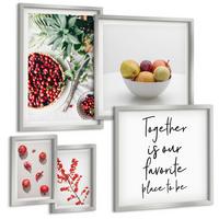 BILDER SET 5er Set - 50x50 cm & 20x30 cm & 40x60 cm Silberner Rahmen - Minimalismus der roten Früchte von Pflanzen - Silberfarben, Kunststoff (40/60cm) - TULUP