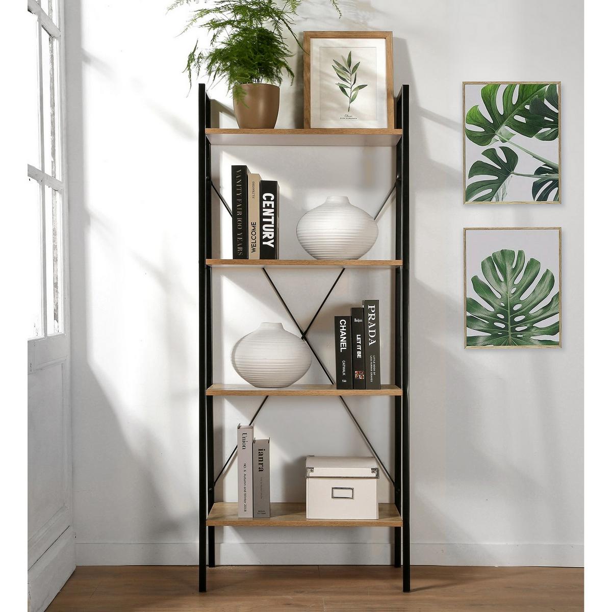 AUFBEWAHRUNGSREGAL mit 4 Ebenen im Industrial-Stil - L60 cm - Eschefarben, Metall (32.5/148/6.5cm) - Calicosy