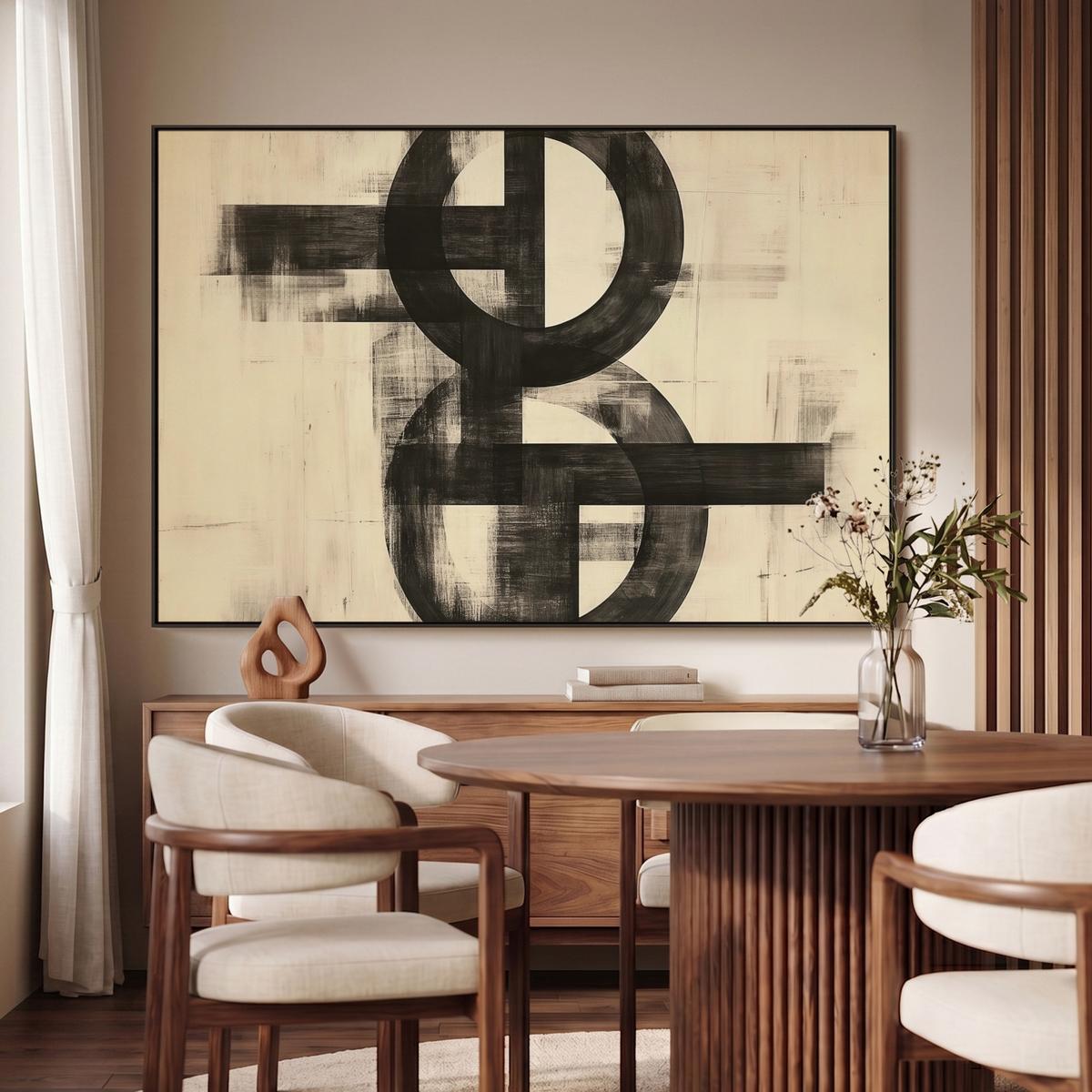 LEINWAND Bilder mit Rahmen - Kreise - Balken - Schwarz - Abstrakt - 120x80 - Schwarz, Textil (120/80cm) - MuchoWow
