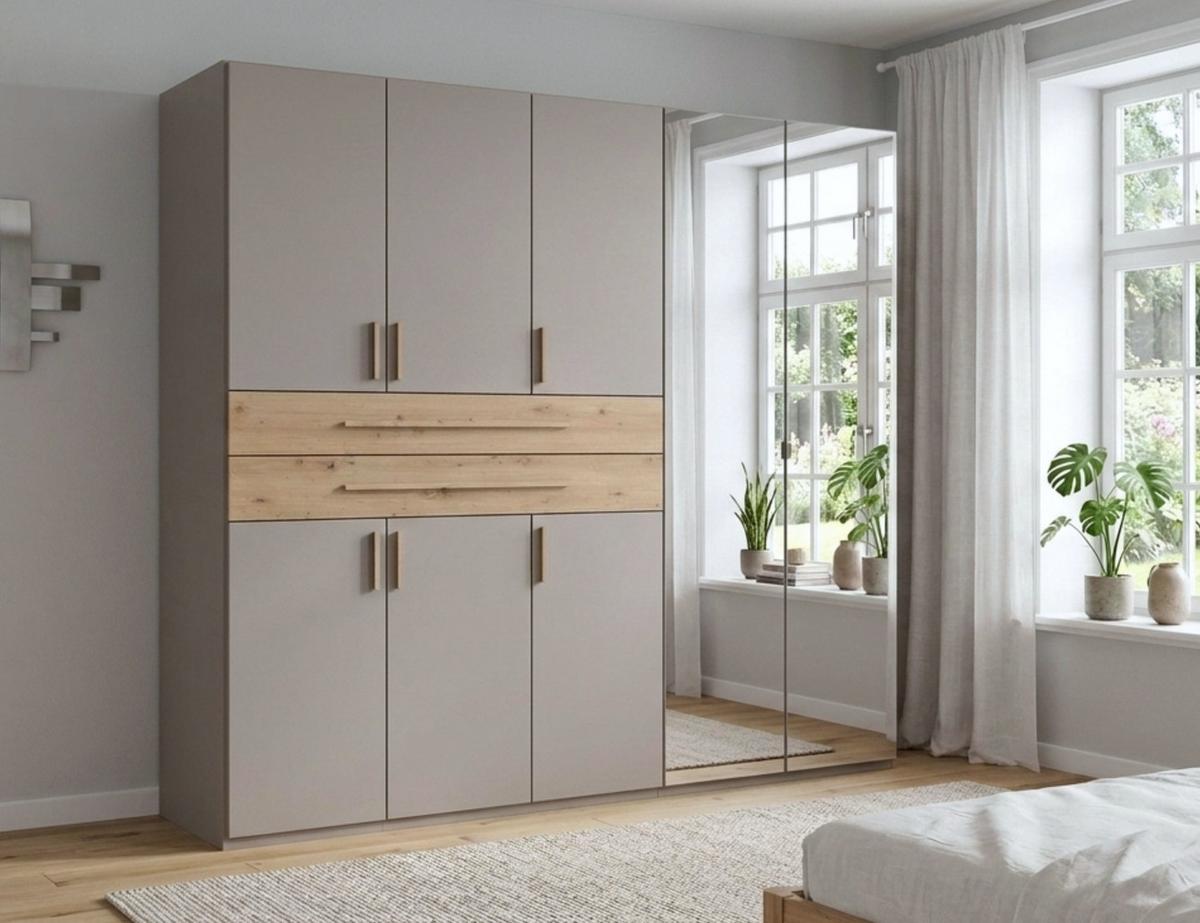 DREHTÜRENSCHRANK B225/H208/T58 cm Sandgrau, Kleiderschrank mit 2 Spiegeltüren, 2 großen Schubkästen & Griffen in Eiche Artisan Dekor / 22635 - Sandfarben/Eiche Artisan, Holzwerkstoff/Kunststoff (225/208/58cm) - luma-home