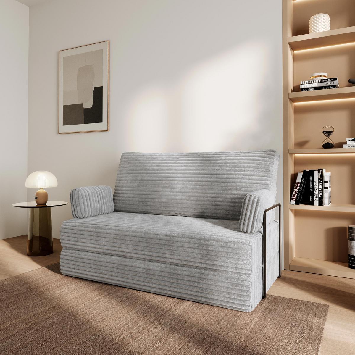 BETTSOFA LADIA aus Schaumstoff Kordstoff Hellgrau Schlaffunktion - Grau, Textil (140/86/60cm) - MASSENO