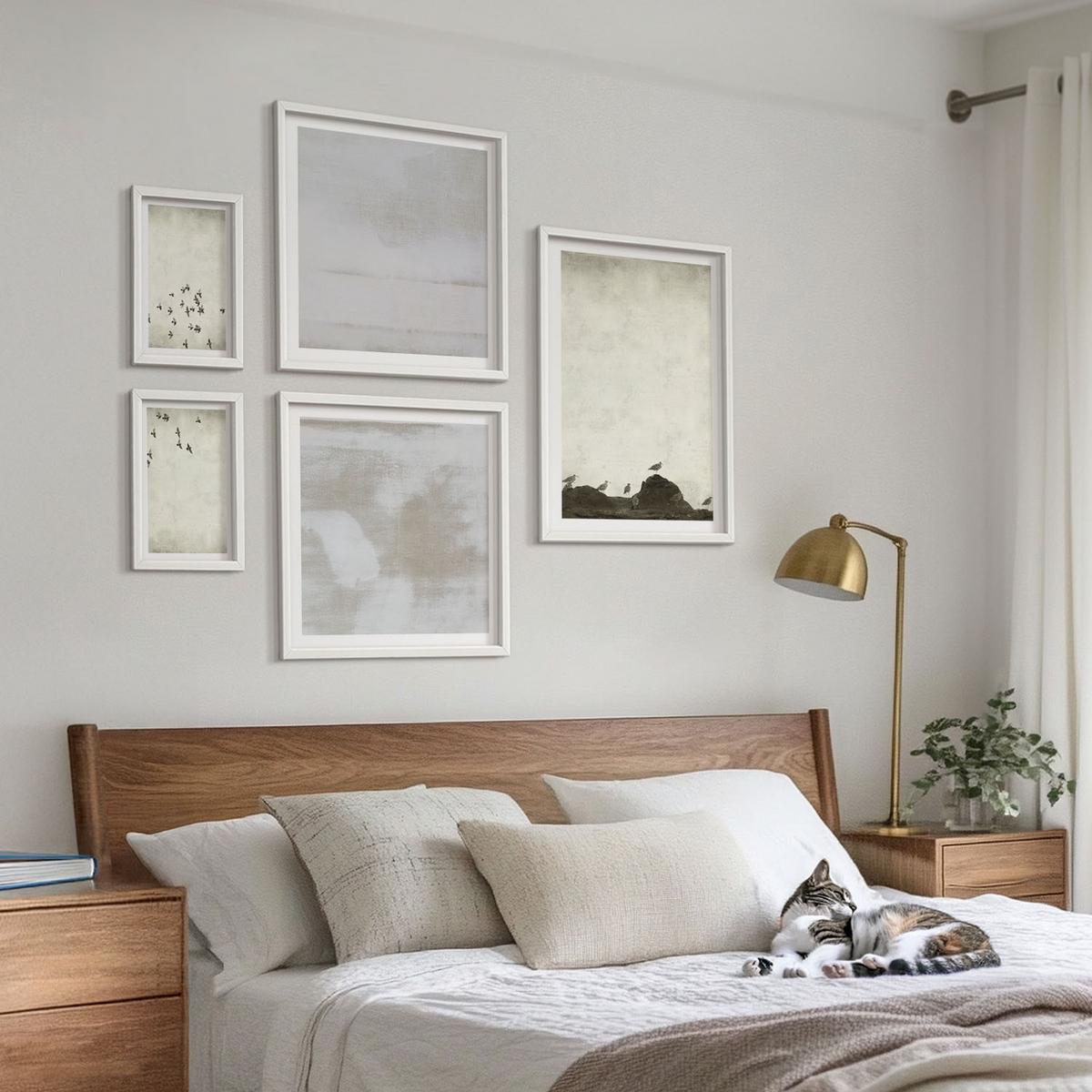 BILDER SET 5er Set - 50x50 cm & 20x30 cm & 40x60 cm Weißer Rahmen - Minimalistische Vögel im Flug - Weiß, Kunststoff (40/60cm) - TULUP