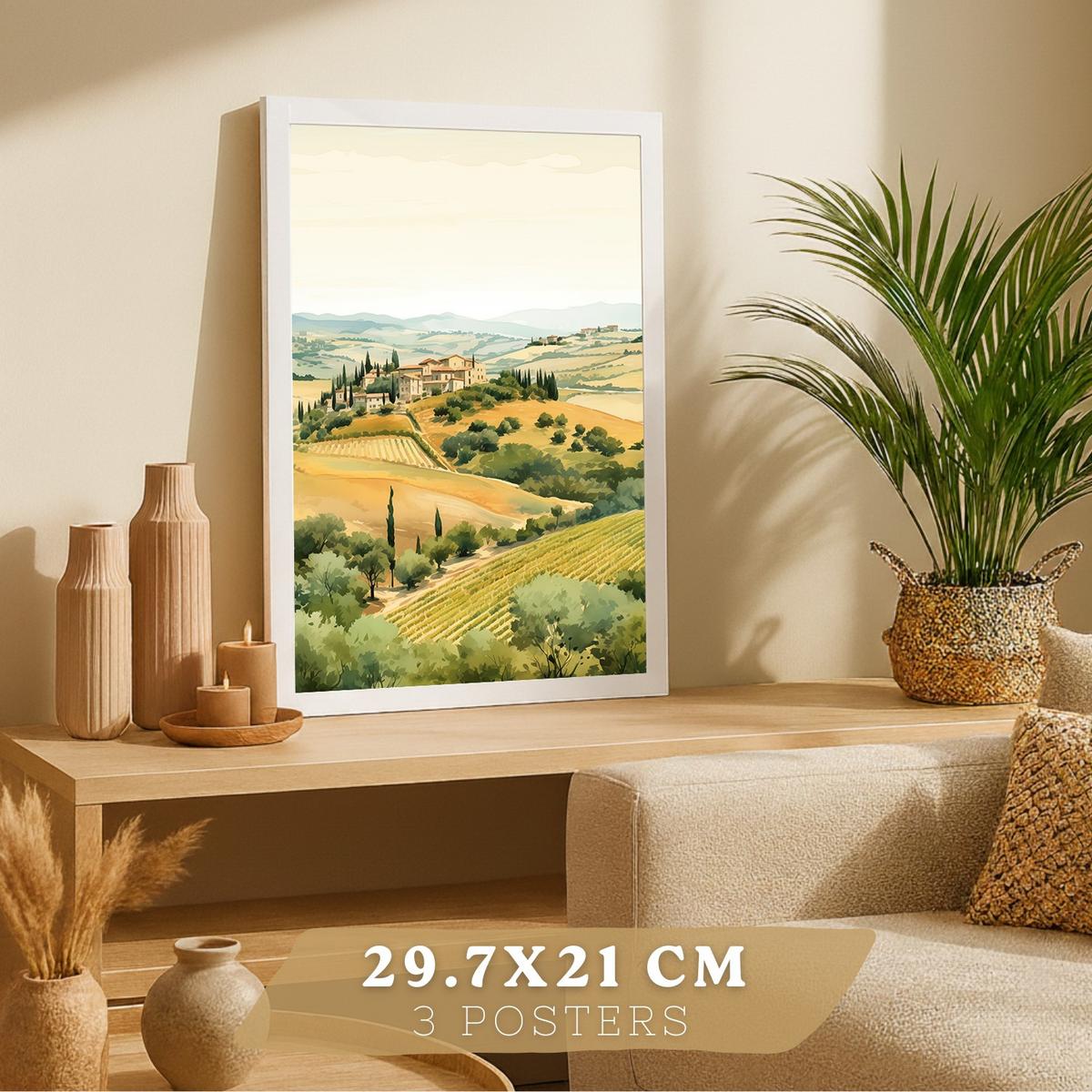 POSTER 3er Bilder-Set Wandbilder Landhaus Dorf Landschaft modern Wohnzimmer Deko, Schlafzimmer, Küche, Badezimmer Weißer Rahmen A3 - Weiß, Papier (29.7/1/42cm) - Nacnic