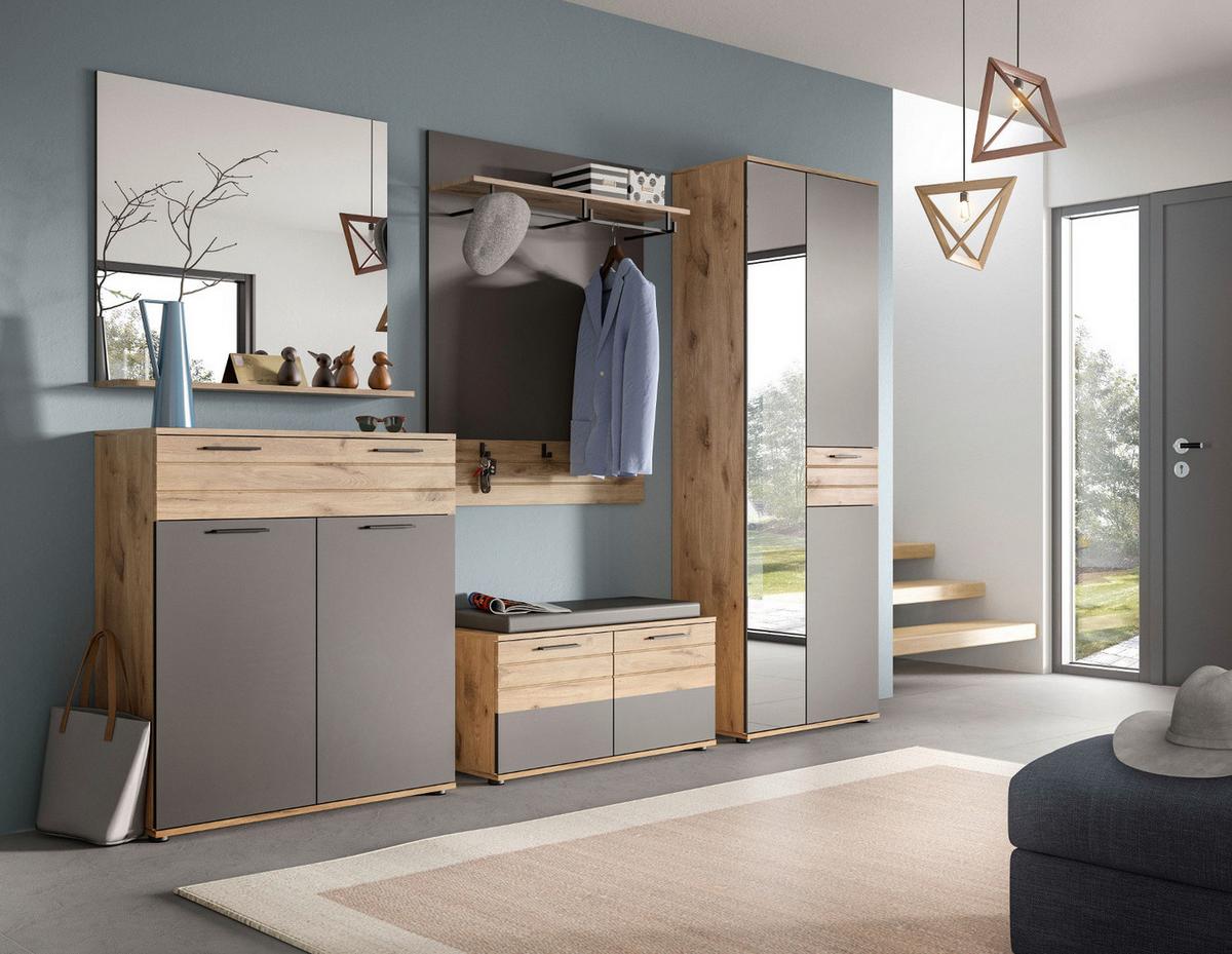 GARDEROBENSCHRANK Eiche, grau 70/200 cm mit Spiegel - Eichefarben/Schwarz, Glas/Holzwerkstoff (70/200/37cm) - Inn.Furn