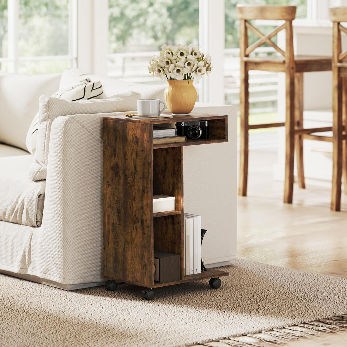 BEISTELLTISCH Couchtisch mit Rollen, 4 Regalen, Braun - Braun, Holzwerkstoff (40/30/69cm) - HOMCOM