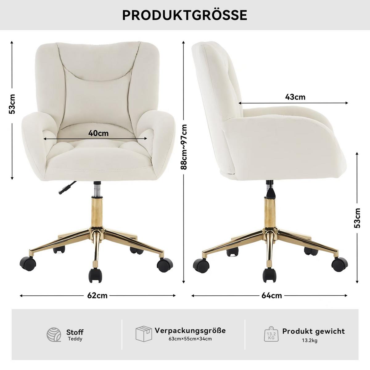 BÜROSTUHL Samt Höhenverstellbar Goldene Beine - Creme, Textil (64/92.5/62cm) - Urban Meuble