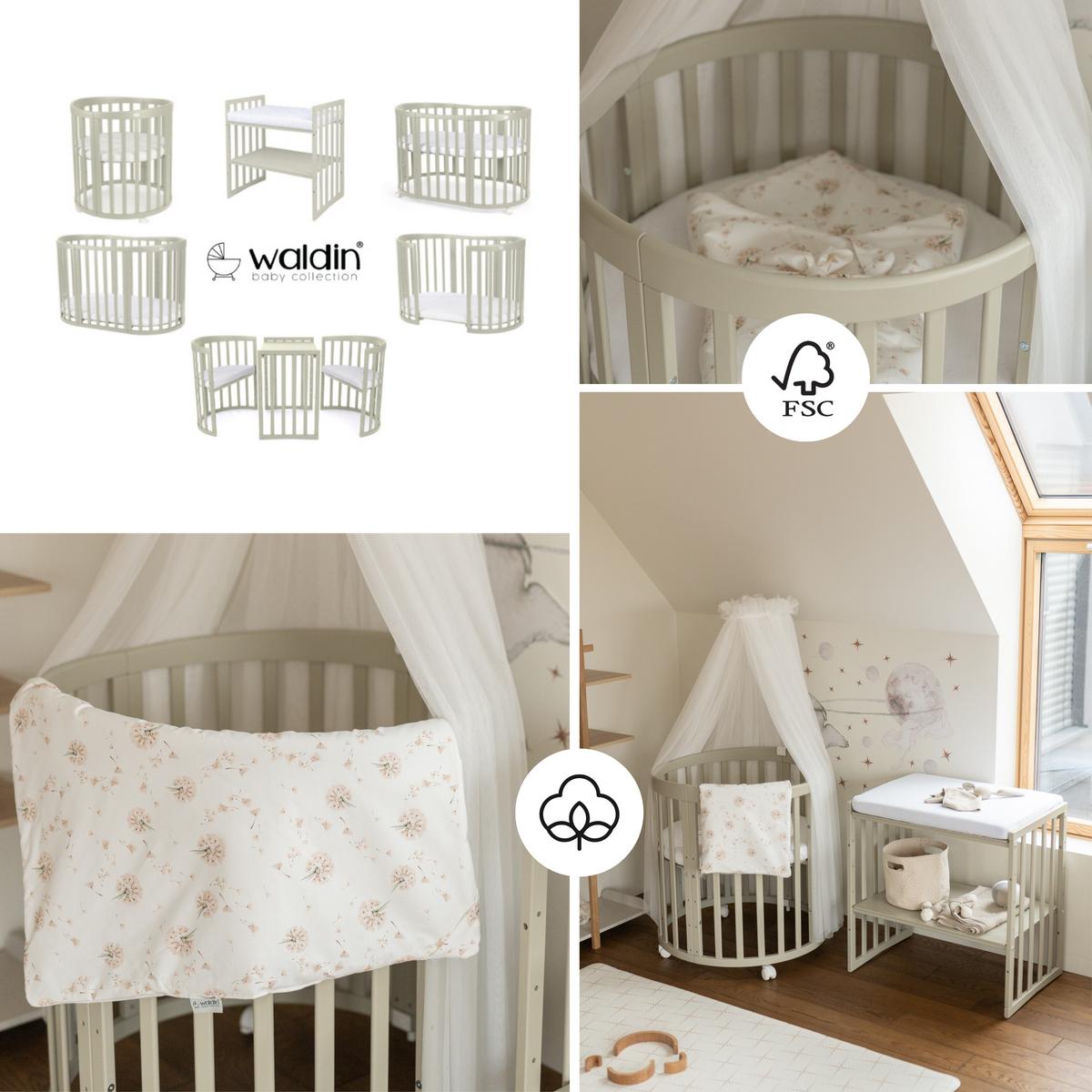 BABYBETT OLIVE OVAL 7in1 mit Matratze und Himmelset - Olivgrün/Weiß, Holz/Textil (73/125cm) - waldin