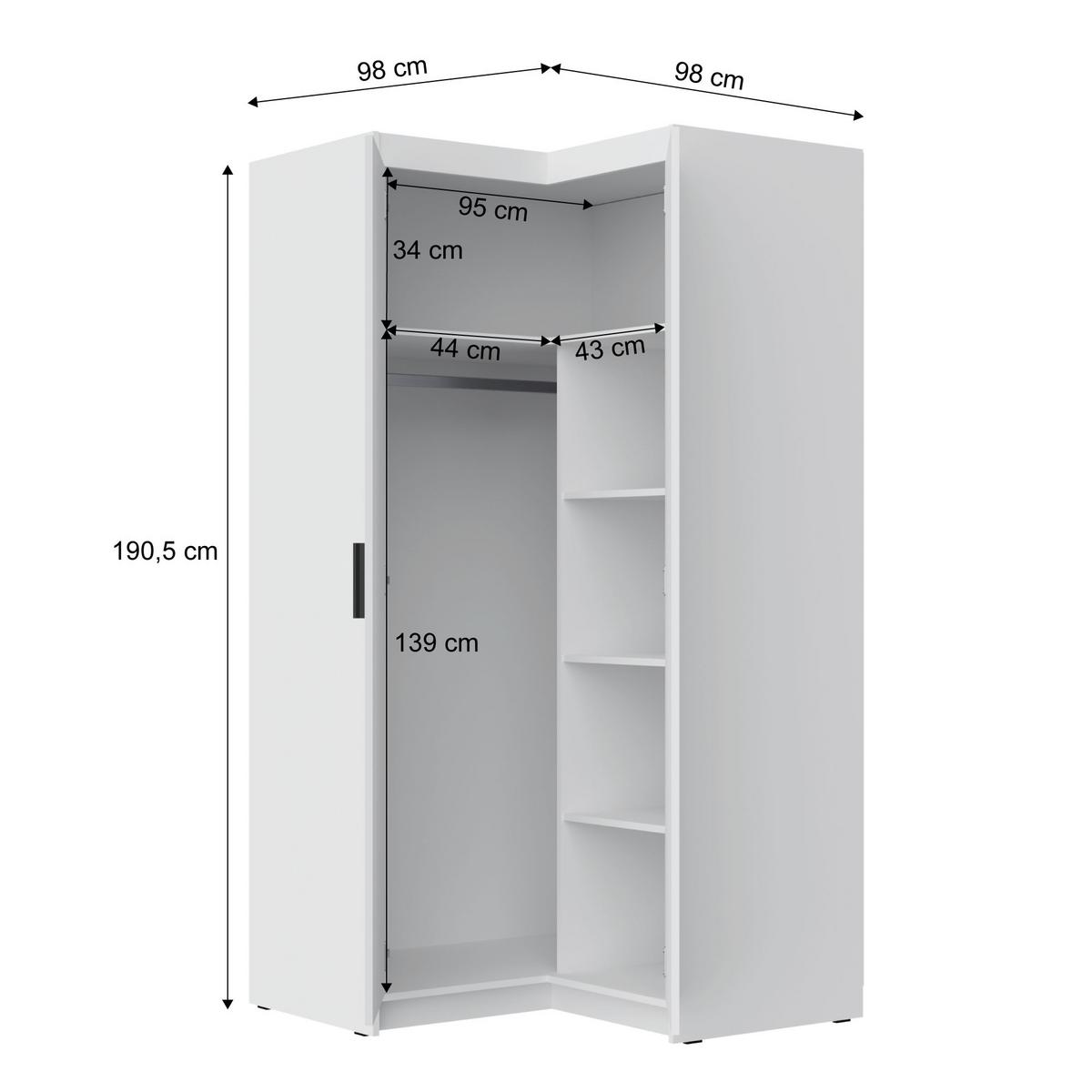 ECKSCHRANK Elena mit 2 Türen, 95x95 cm, Weiß - Weiß, Holzwerkstoff (95/190.5/95cm) - Beautysofa