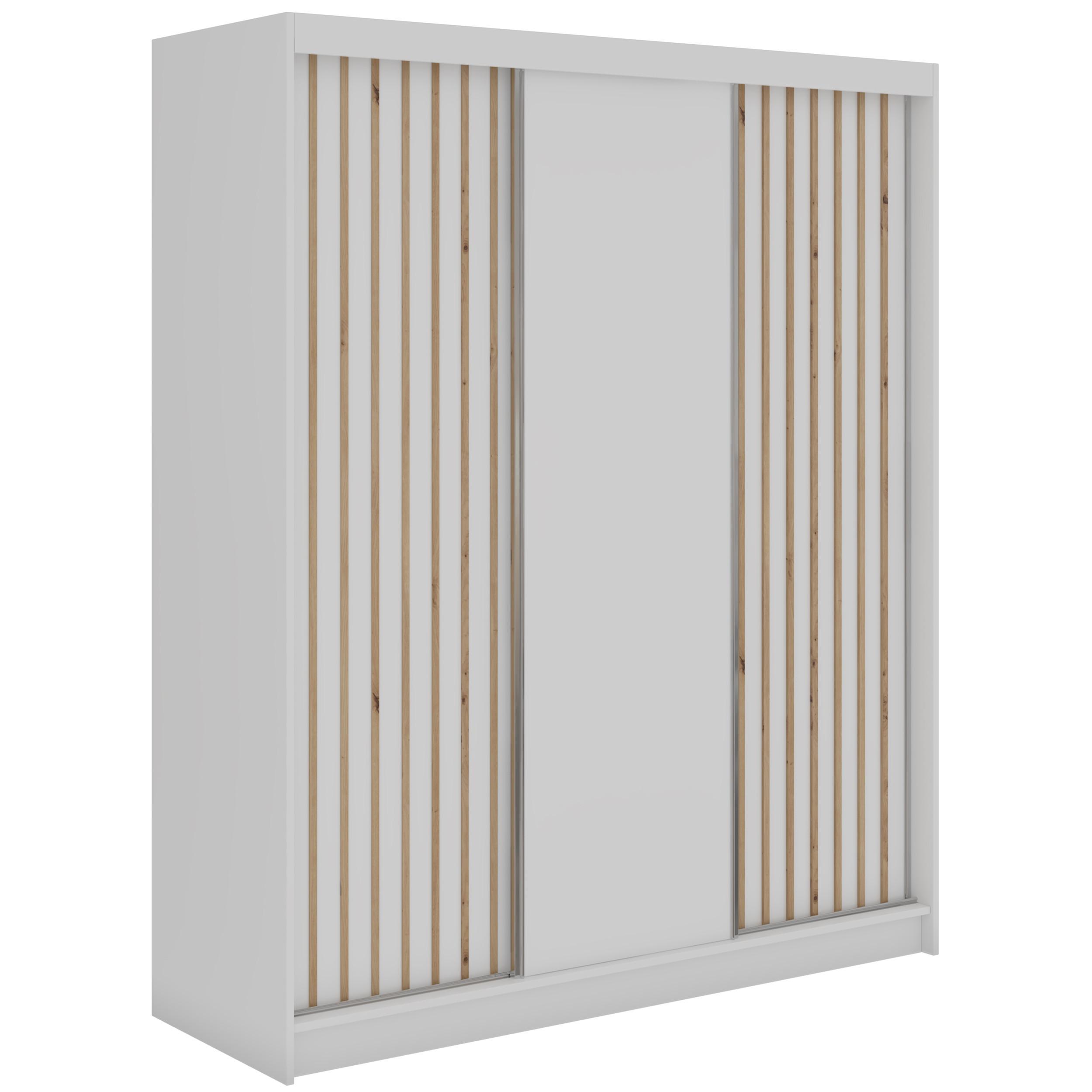 SCHWEBETÜRENSCHRANK mit Lamellen und Schubladen LUMOS - 180 - Weiß und Eiche Artisan - Alufarben/Weiß, Holzwerkstoff/Metall (180/216/61cm) - MKS
