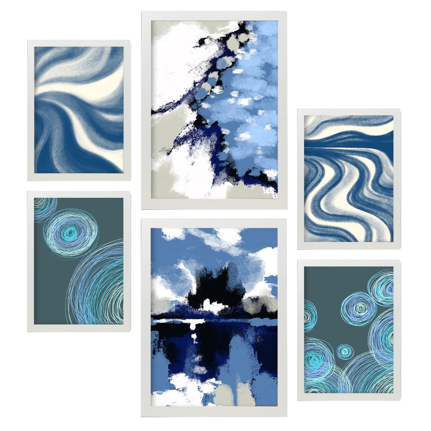 POSTER Set Mit 6 Blau Alte Koffer In Kulissen Abstracts Ästhetische Dekorative Gemälde Für Ihr Wohnzimmer, Schlafzimmer, Zuhause A3 & A4 Weißer Rahmen - Weiß, Papier (29/3cm) - Nacnic