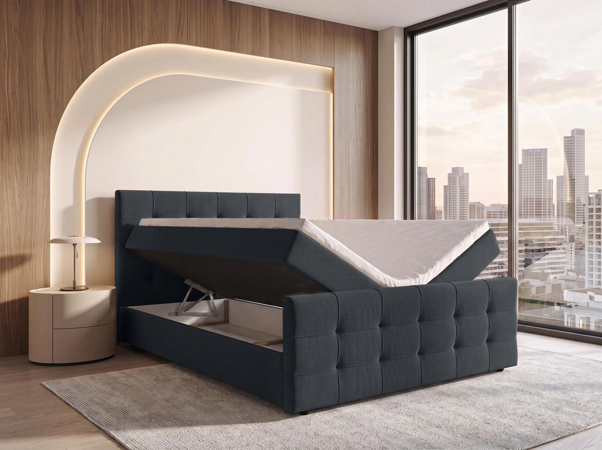 BOXBETT DEFNE 140x200 cm mit Fußteil und Matratze - Schwarz + TOPPER - Schwarz, Holz/Holzwerkstoff (140/200cm) - AX Living