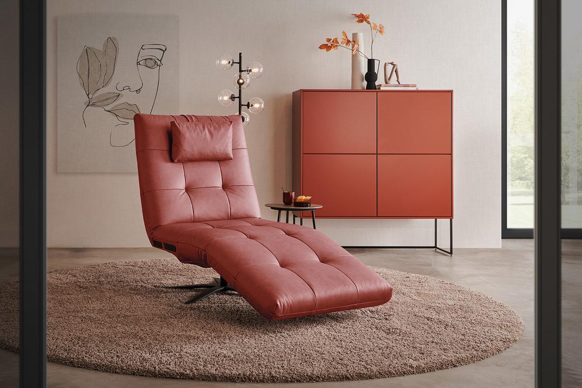 RELAXLIEGE LETICIA Rot Leder Drehbar (360°), Relaxfunktion - Rot/Schwarz, Leder/Metall (82/115/156cm) - KAWOLA