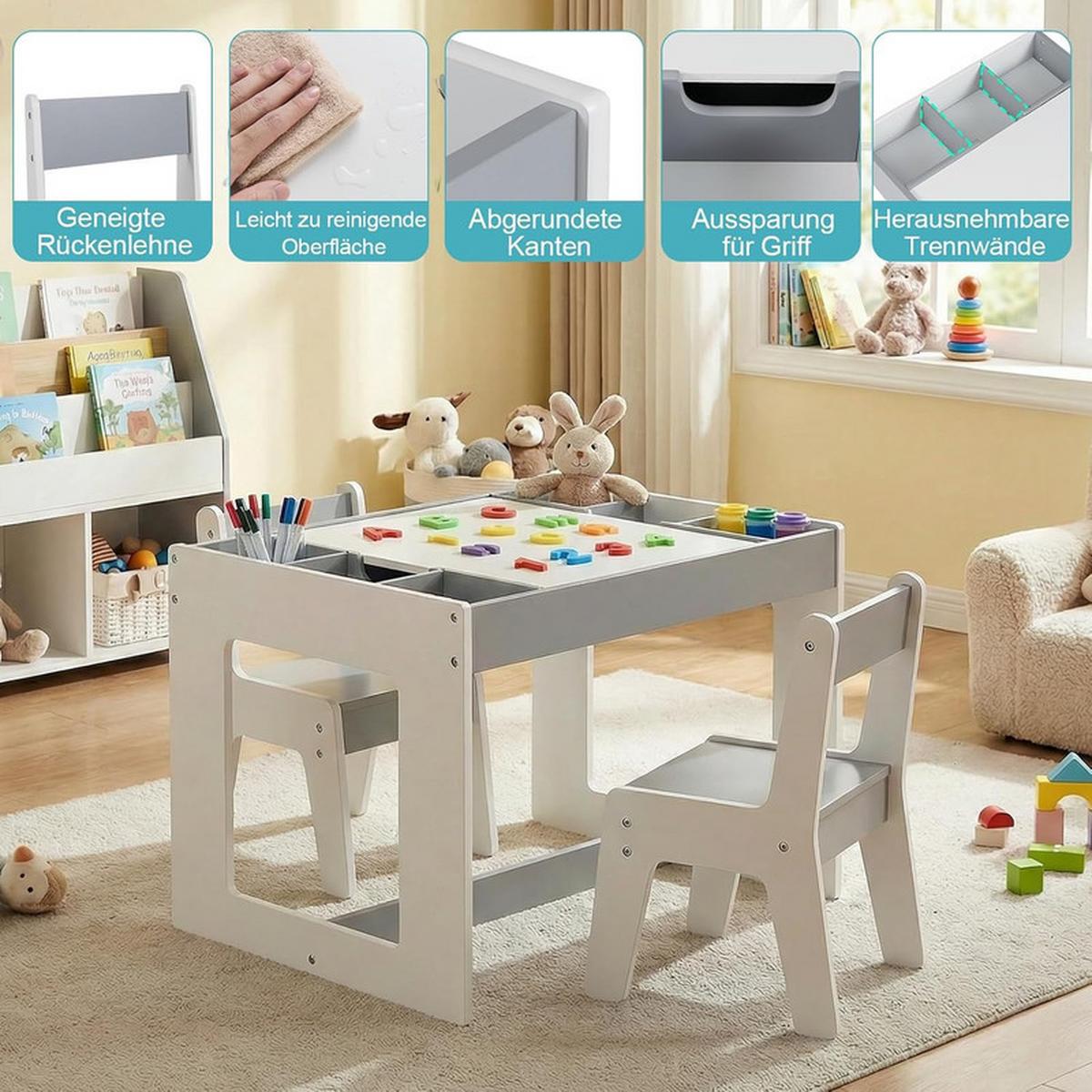KINDERTISCH mit Stuhl grau(3-tlg) - Grau, Holzwerkstoff (80/48/49cm) - COSTWAY