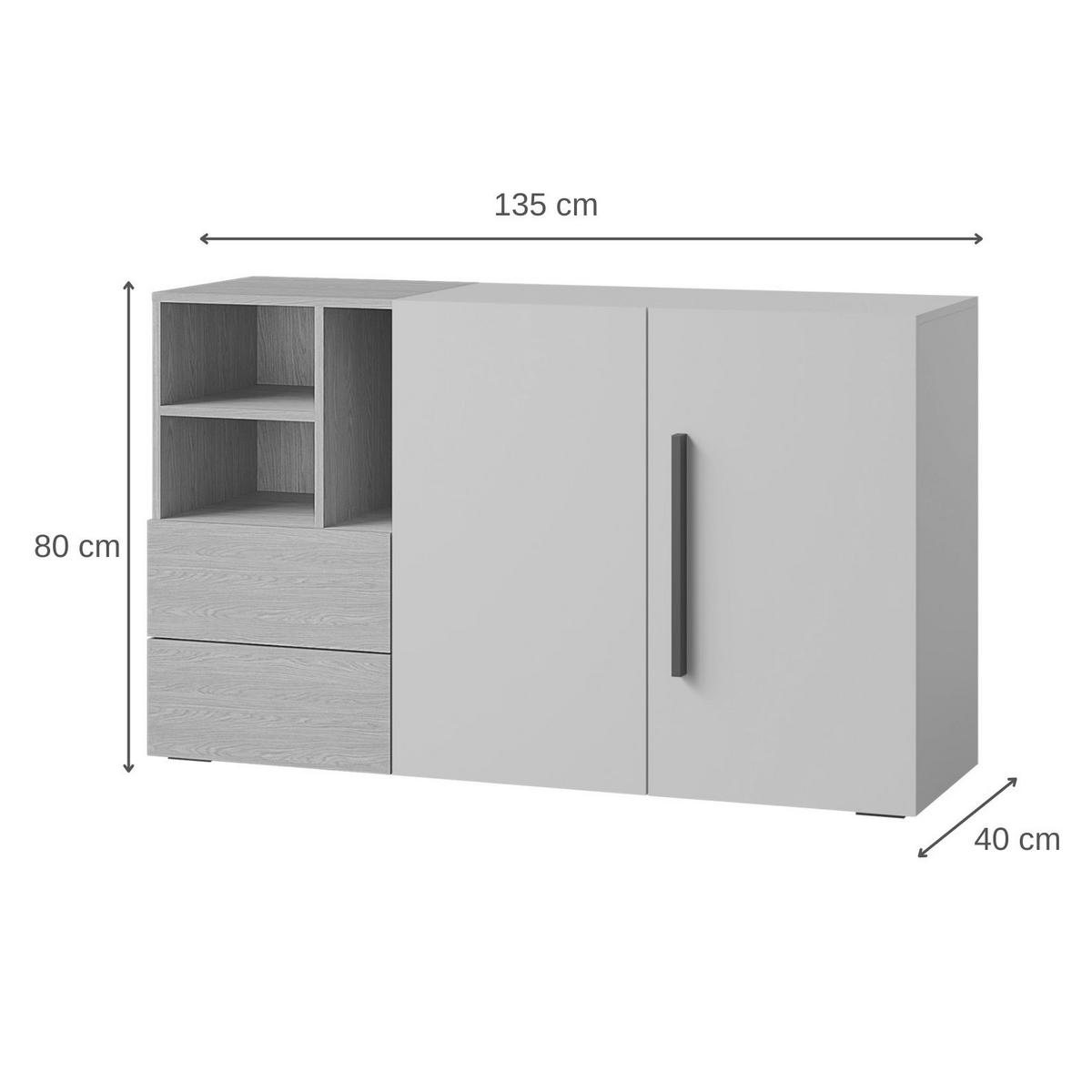 KOMMODE Largo mit 2 Türen, 2 Schubladen und offenen Fächern, 135 cm, für Jugendzimmer, Kaschmir/Frühlings-Eiche - Kaschmir/Eichefarben, Holzwerkstoff (135/80/40cm) - Beautysofa