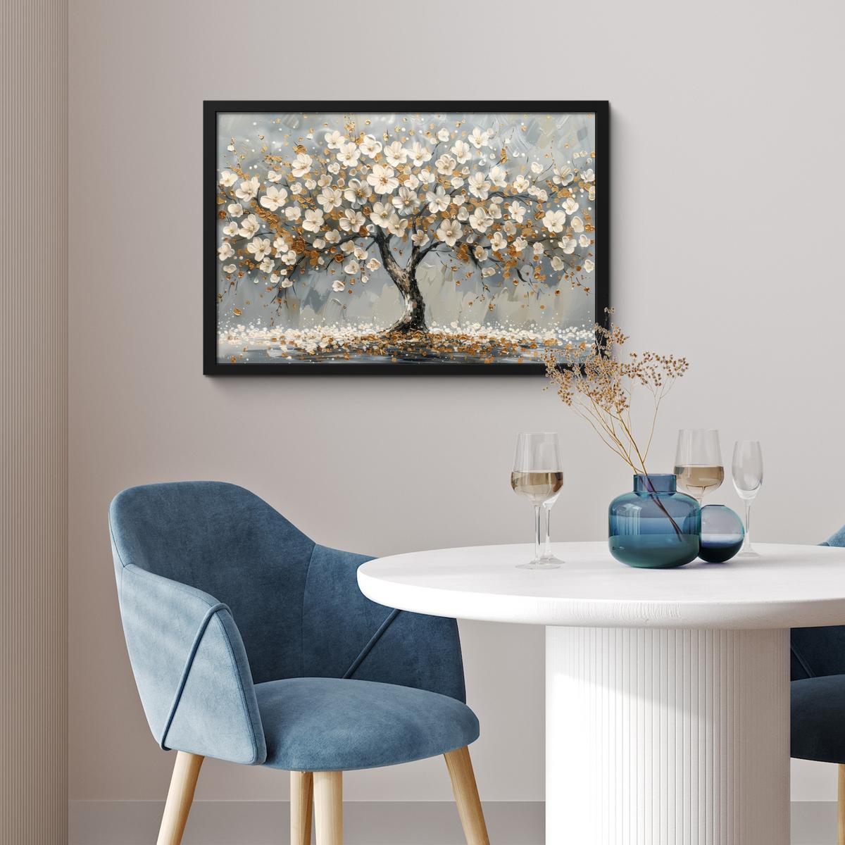 POSTER MIT RAHMENGERAHMTES BILD Baum - Blumen - Weiß - Natur - Kunst 60x40 cm - Weiß, Papier (60/40cm) - MuchoWow